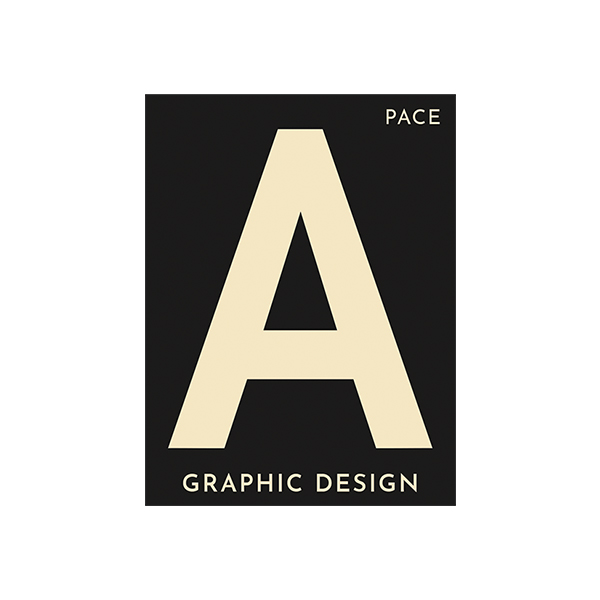 Sans-serif capital letter A in a cream color on a black background with the name PACE in the upper right corner