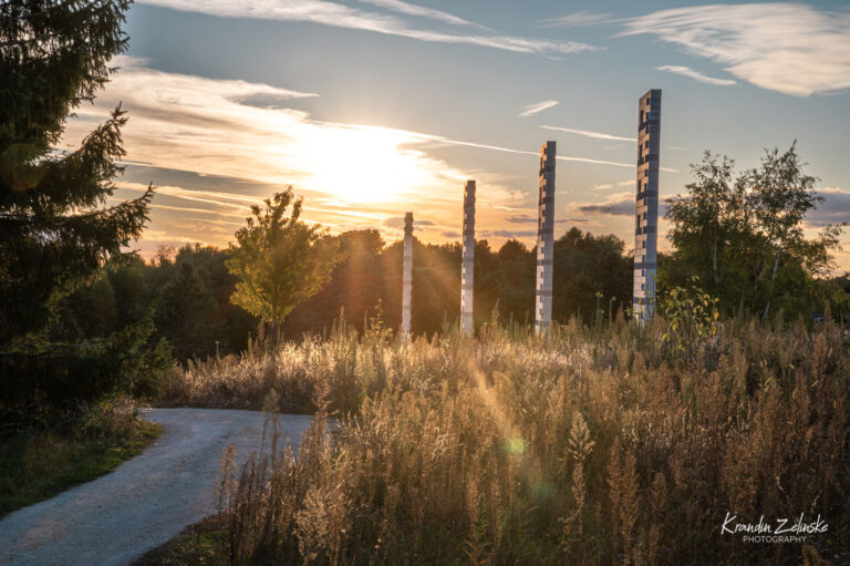 a meadow path in fall with a bright sunset backlighting 4 tall thin manmade structures