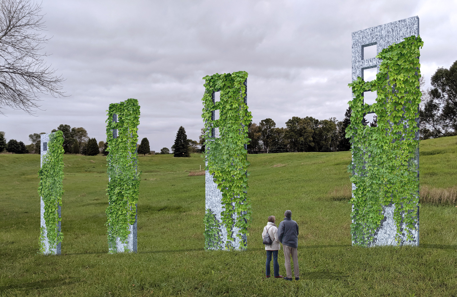 2 people look up at large structures covered by ivy