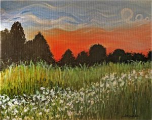 an acrylic painting of a meadow with a dark tree line and orange and blue sunset in the background.