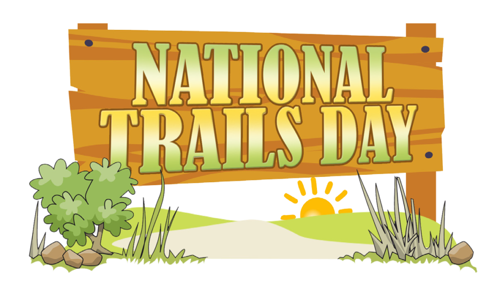 a cartoon of a wooden sign that reads National Trails Day