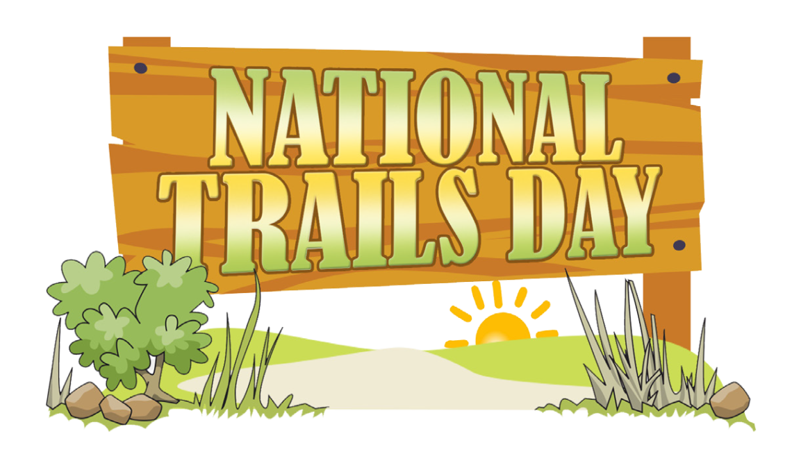 a cartoon of a wooden sign that reads National Trails Day