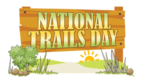 a cartoon of a wooden sign that reads National Trails Day