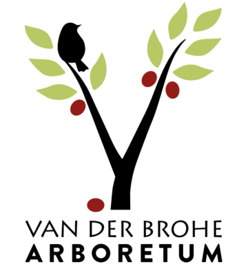 logo: silhouette of a bird in a tree with green leaves and red berries. The words Van Der Brohe Arboretum are underneath.