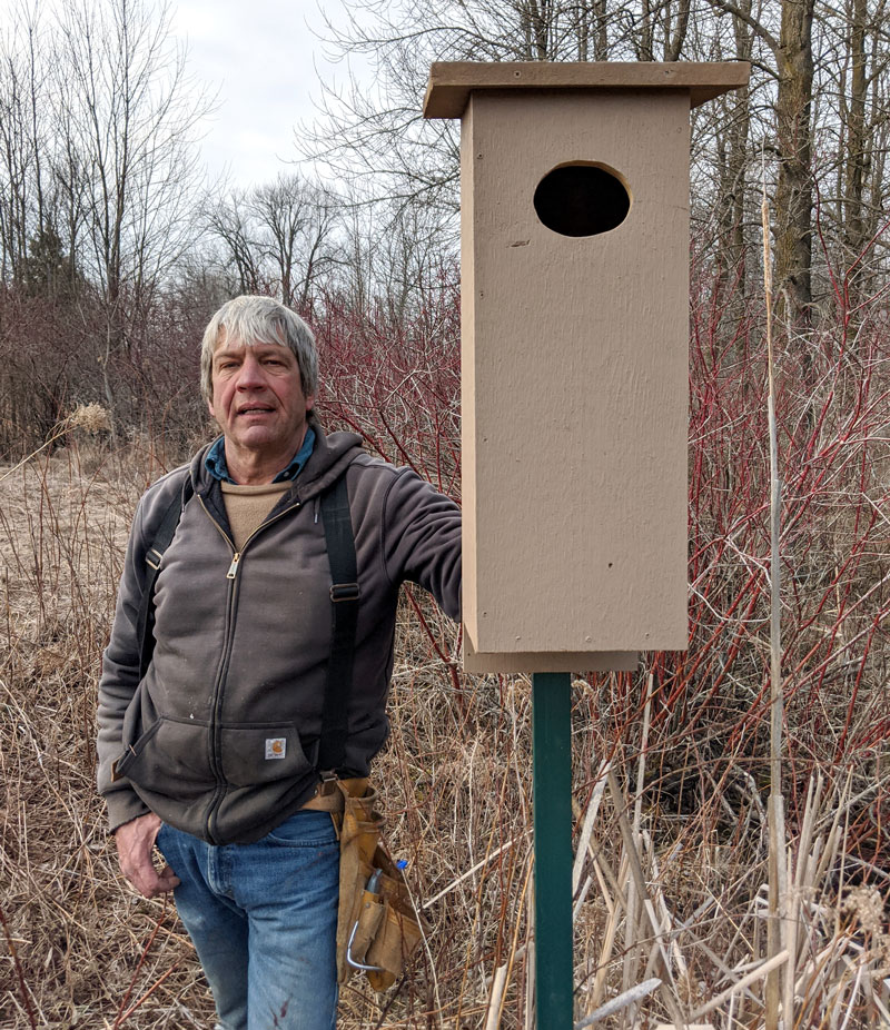 a man with white hair stands in a meadow with a large bird house on a pole