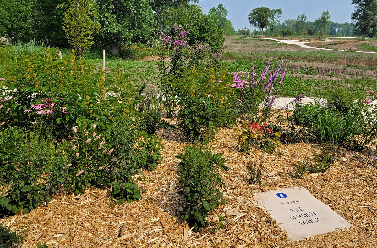 A colorful garden with a stone name plate in the ground reading the Schmidt Family. There are fields in the background.