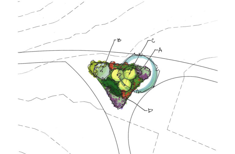 A drawing of a garden plot plan at an intersection of two paths
