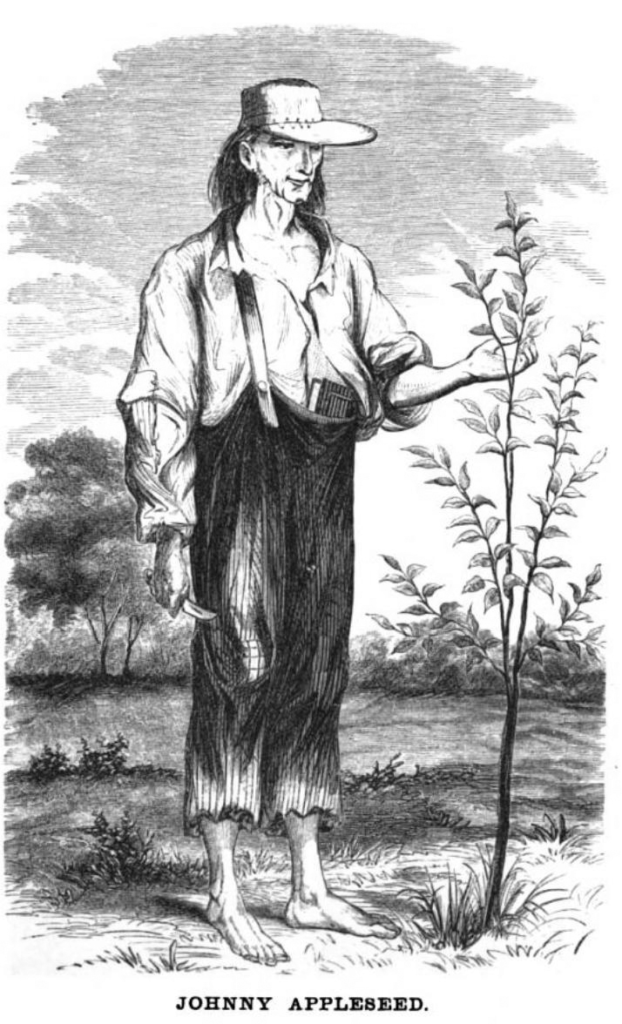 an old drawing of a man and an apple tree with the caption JOHNNY APPLESEED