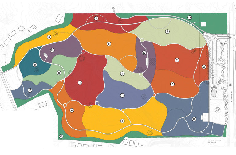 a map with 13 colored areas corresponding to a map legend below